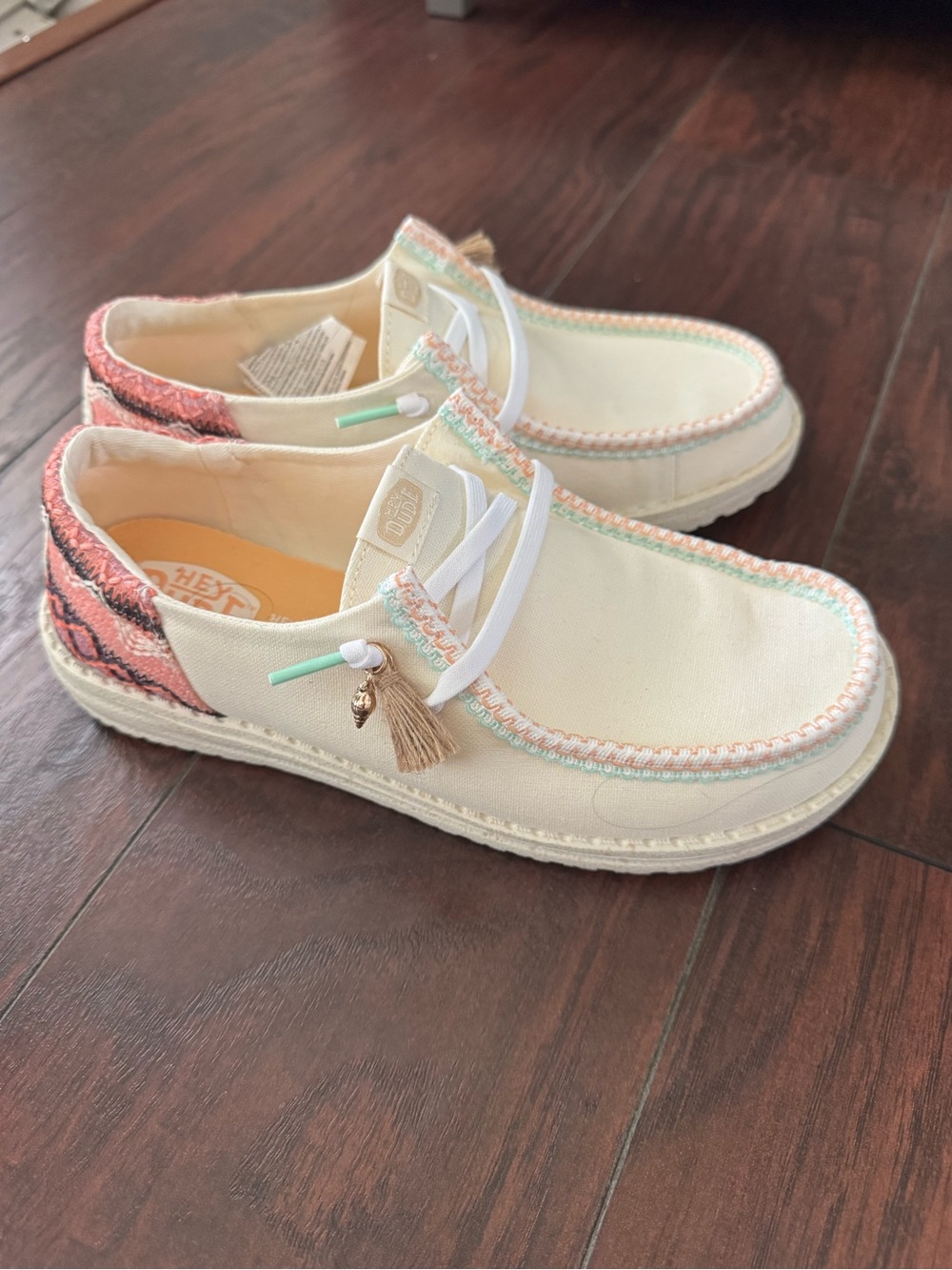 Hey Dude Cream Canvas Slip-Ons with Coral Heel and Mint Trim